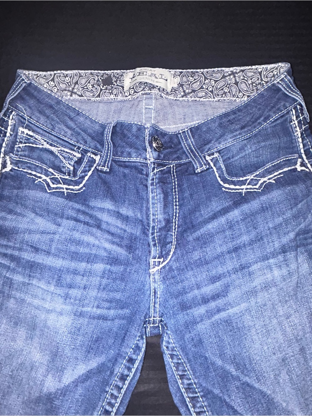 Ariat Jeans Women’s 31R Blue Denim R.E.A.L Mid Rise Stretch Entwined Boot Cut - Picture 6 of 14